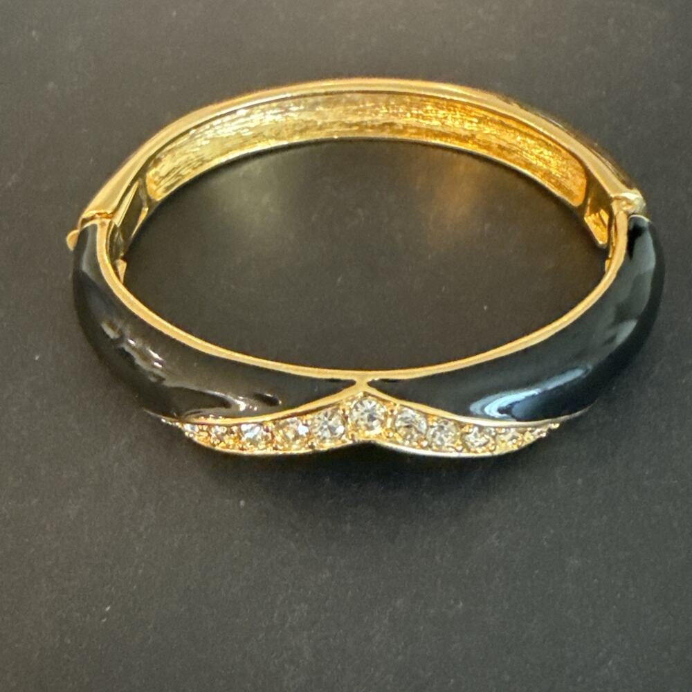 Black Enamel Gold Tone w/ Rhinestone Hinged Bangle Bracelet Art Deco Style